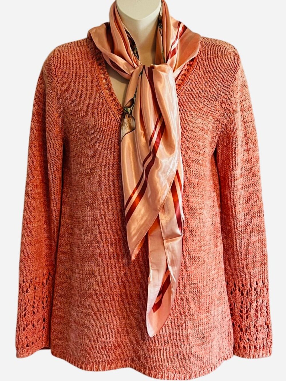 Chicos Knit Sweater Size 1 Blush Pink V-Neck Lattice Stitch Crochet L New Scarf